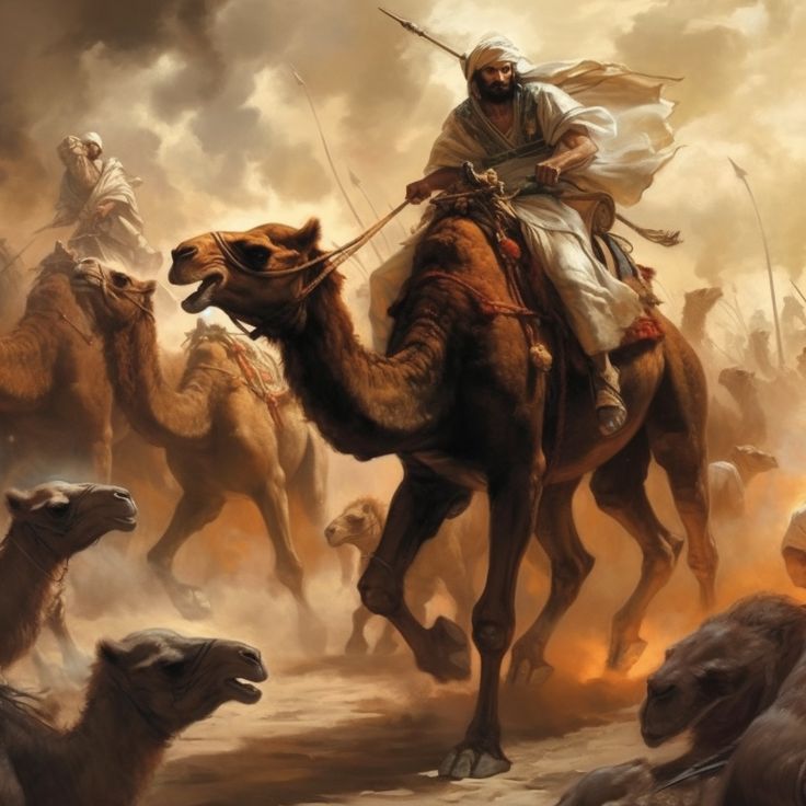 a man riding on the back of a camel in front of a group of other animals