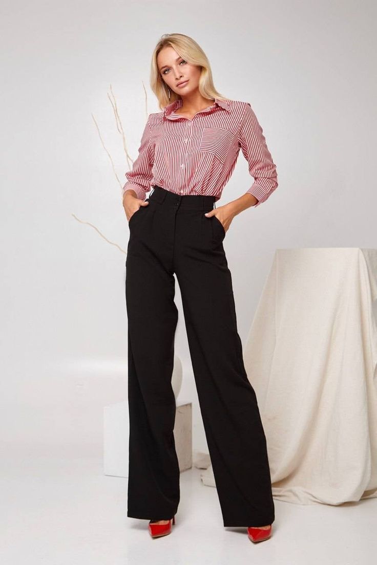 Wide leg pants with high waist underline the waist line and hide legs - perfect for women with Monica Bellucci type of figure. They fit perfectly, can be combined with crop tops, t-shirts and classic shirts. You can add a belt to finish the look. Our high waist pants can be worn on various occasions, including office work, business meetings, cocktail parties and late dinners. A worthy day-to-night pick. DETAILS - High waist pants - Wide legs - Two front buttons - functional pockets MATERIAL Prem Red Formal Bottoms With Welt Pockets, Formal Red Bottoms With Welt Pockets, Office Work Pants With Pockets, Ankle-length, Office Work Pants With Pockets And Ankle-length, Office Work Pants With Welt Pockets In Solid Color, High Waist Bottoms For Business Casual, Office Lady Style, Straight Leg Dress Pants With Pockets For Office, Office Work Pants With Pockets, Office Work Pants With Pockets And Straight Shape