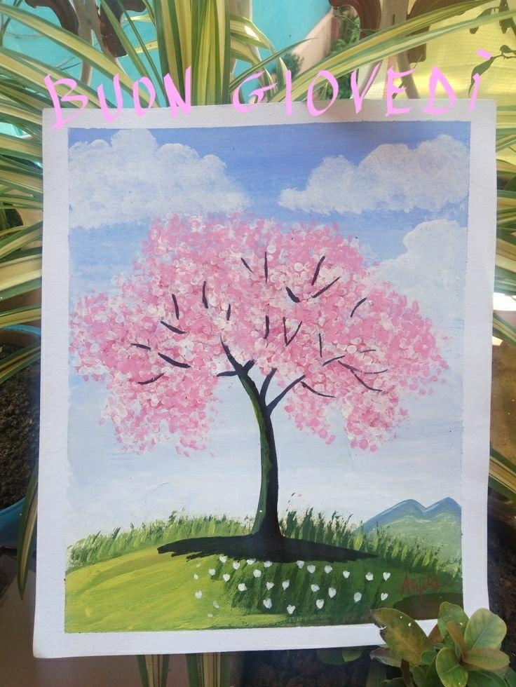 a painting of a tree with pink flowers in the foreground and green plants behind it