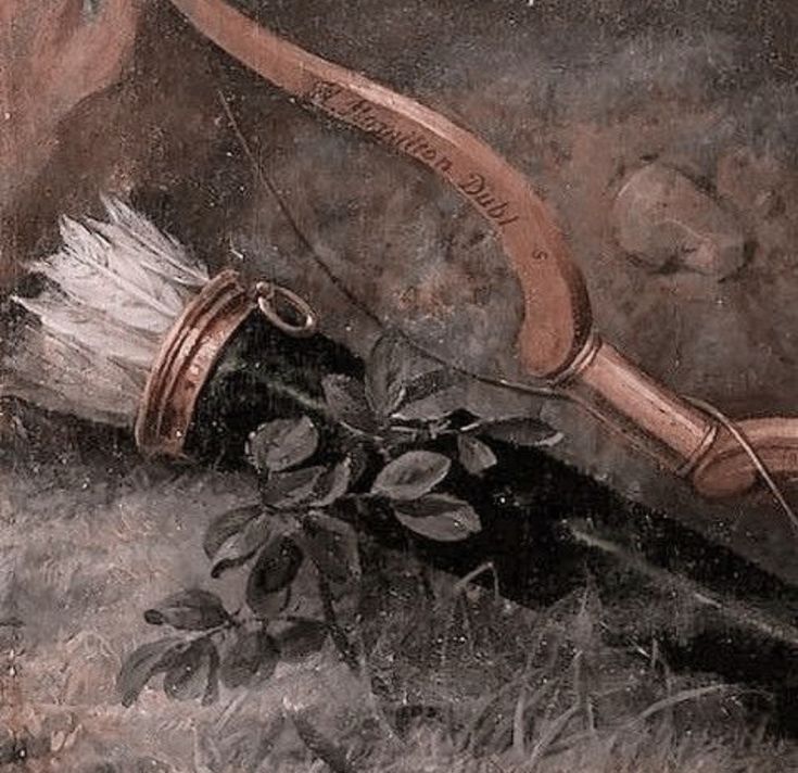 a painting of a bow and arrow on the ground next to a dead rose bush