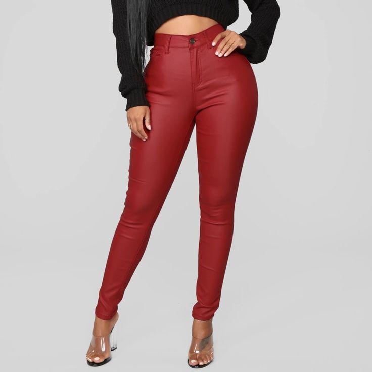 Never Worn, Bought For A Party And Decided To Wear Something Else. Red High Waist Bottoms For Going Out, Burgundy Bottoms For Fall Party, Burgundy Party Bottoms For Fall, Fall Party Burgundy Bottoms, Burgundy Stretch Pants For Night Out, Chic Red Bottoms For Going Out, Burgundy Fitted Pants For Parties, Fitted Burgundy Pants For Party, Stretch Burgundy Pants For Party