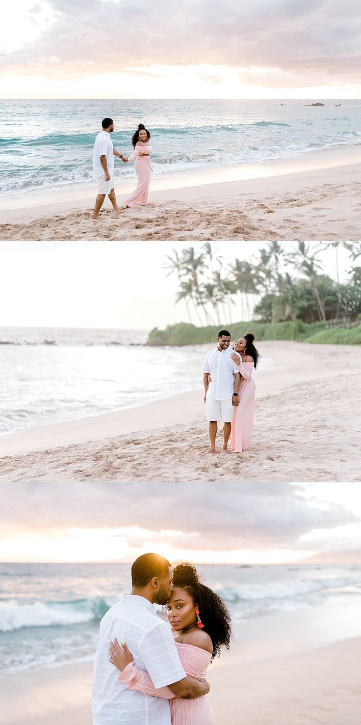 a couple kissing on the beach in front of the ocean at sunset with their arms around each other