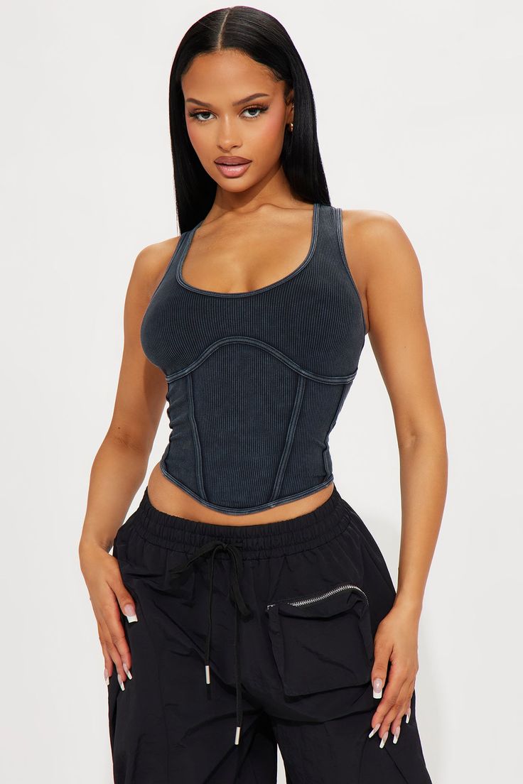 Mia Washed Tank Top - Black Wash | Fashion Nova Fitted Tank Vest With Built-in Bra, High Stretch Nylon Tank Top With Built-in Bra, Nylon Tank Top With Built-in Bra, Sleeveless Athleisure Tops With Medium Bust Support, Trendy Fitted Seamless Vest, Black Sleeveless Seamless Tank Top, Stretchy Nylon Tank Top With Built-in Bra, Black Seamless Sleeveless Tank Top, Sleeveless Tank Top With Medium Bust Support For Workout