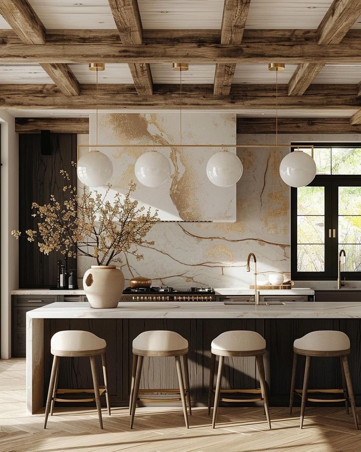 a kitchen with marble counter tops and stools in front of the island, surrounded by wooden beams