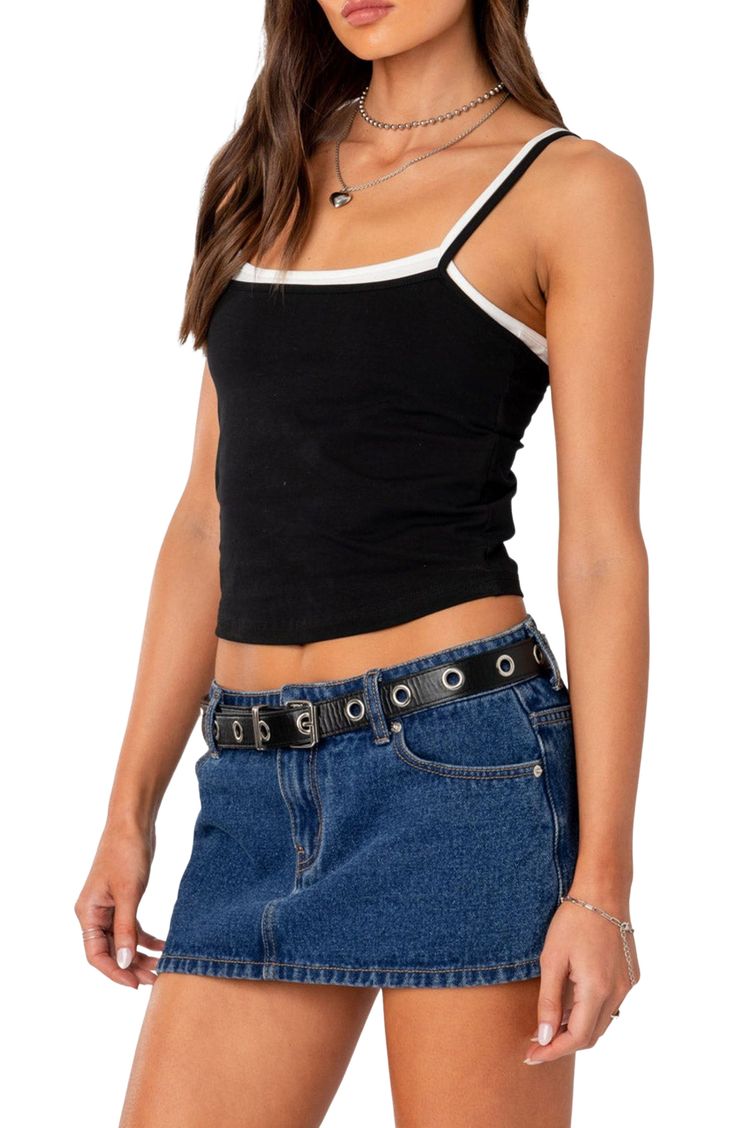 Channel 2000s vibes in this layered-look camisole made from a stretchy cotton knit. Scoop neck 95% cotton, 5% spandex Machine wash, dry flat Imported Y2k Style Stretch Camisole With Tank Straps, Black Cami Tank Top Y2k Style, Black Y2k Cami Tank Top, Y2k Style Camisole With Tank Straps, Black Y2k Style Cami Tank Top, Y2k Style Black Cami Tank Top, Fitted 90s Style Tank Top For Spring, Trendy Fitted Cami Tank Top, Y2k Style Tops With Tank Straps