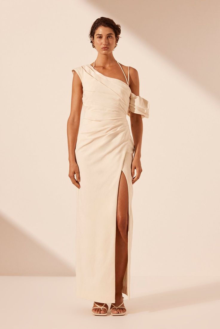 LANI ASYMMETRICAL DRAPED MAXI DRESS | RICE | DRESSES | SHONA JOY Joy Logo, Drape Maxi Dress, Shona Joy, Draped Skirt, Dress With Tie, Stretch Cotton, Fitness Fashion, Rice, Wedding Dresses