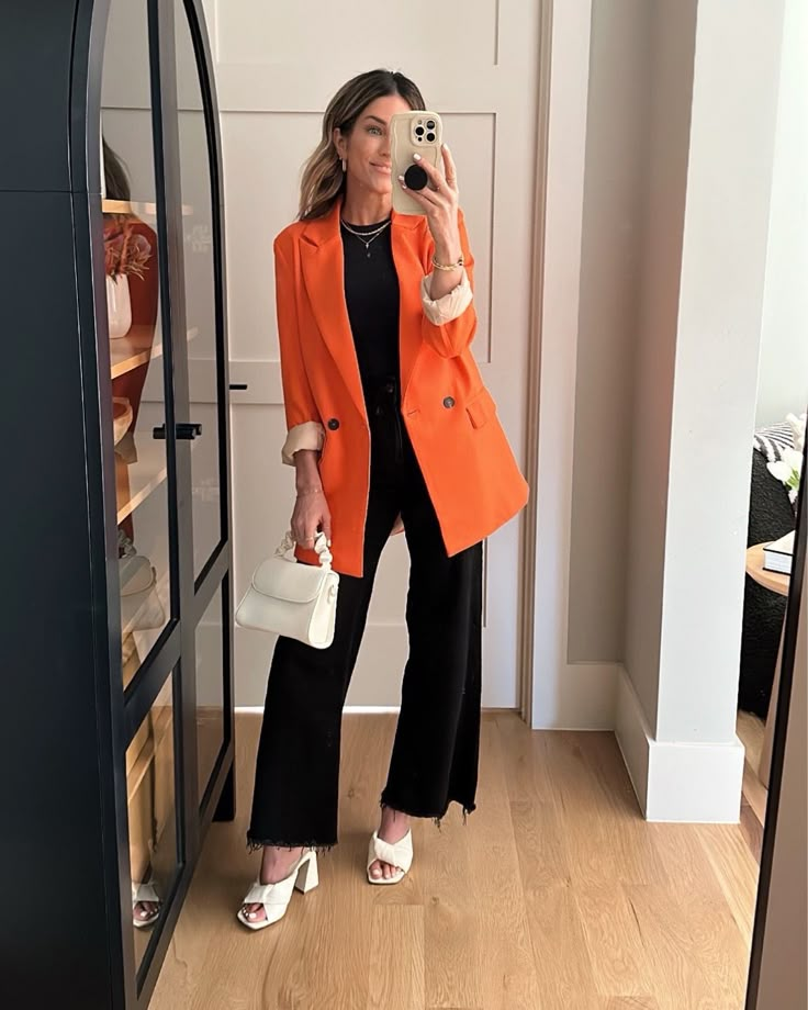 Summer Wardrobe Staples! - The Sister Studio Ways To Style Leggings, Orange Blazer Outfits, The Sister Studio, Sister Studio, Skirts Flowy, Summer Wardrobe Staples, Orange Blazer, White Long Sleeve Tee, Style Leggings