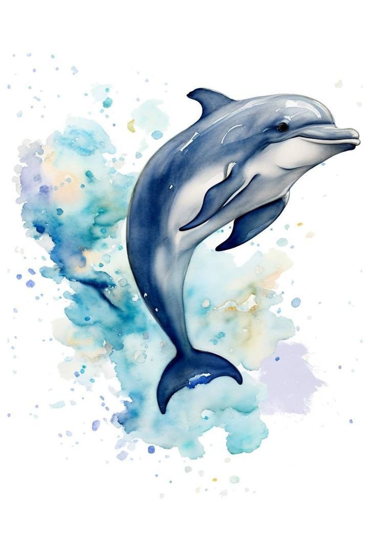 a watercolor painting of a dolphin jumping out of the ocean with blue and yellow colors