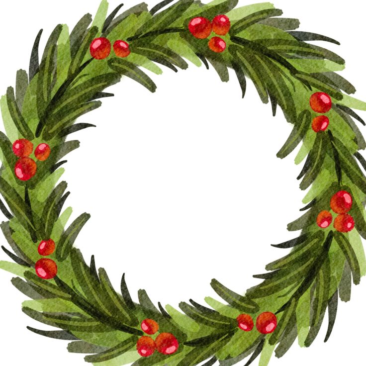 a christmas wreath with red berries and green leaves on it, painted in watercolor