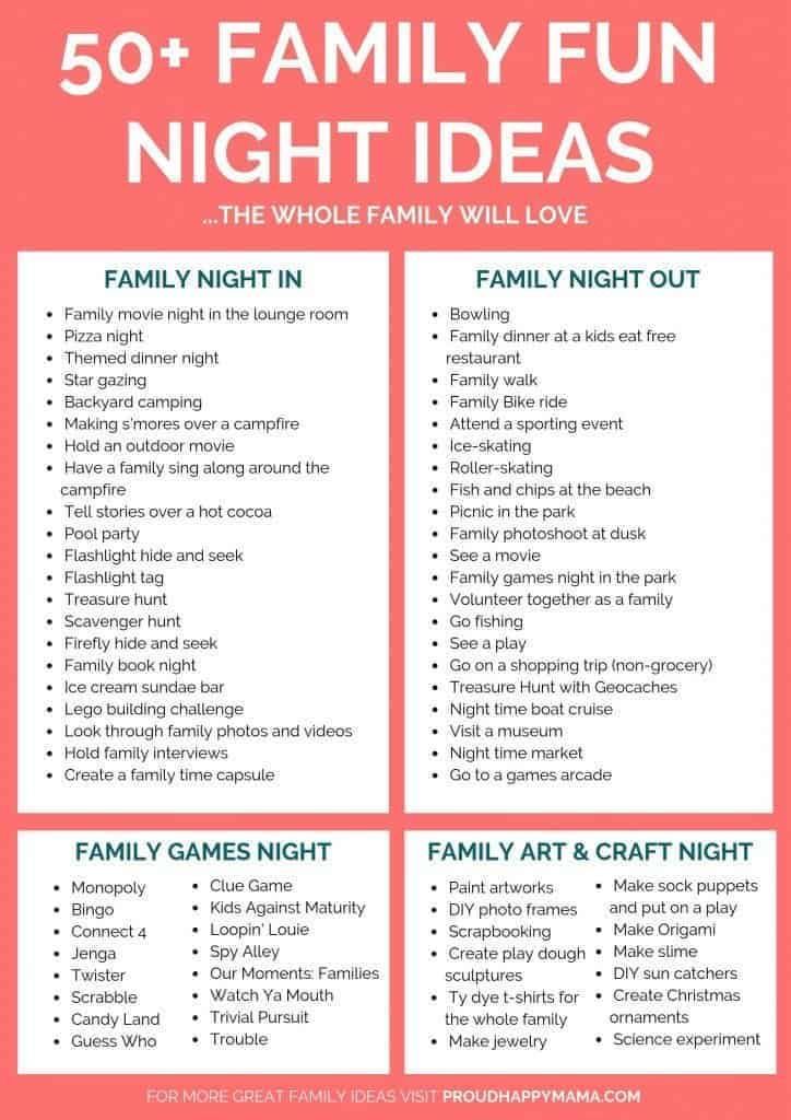 the 50 family fun night ideas list is shown in red and white with text that reads,