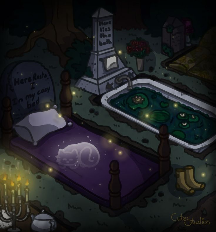 a bed with a cat sleeping on top of it next to a grave and candles