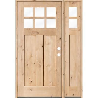 a wooden door with two sidelights on the top and bottom panel, in light wood