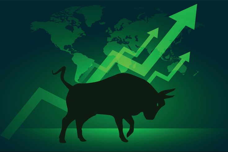 a bull is standing in front of an upward arrow and the world map behind it