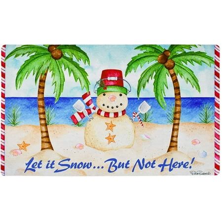 a snowman on the beach with palm trees and an american flag in his hat