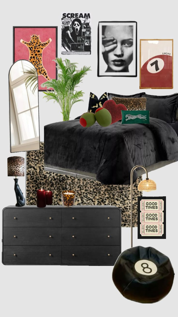 the bedroom is decorated in black and leopard print, with pictures on the wall above it