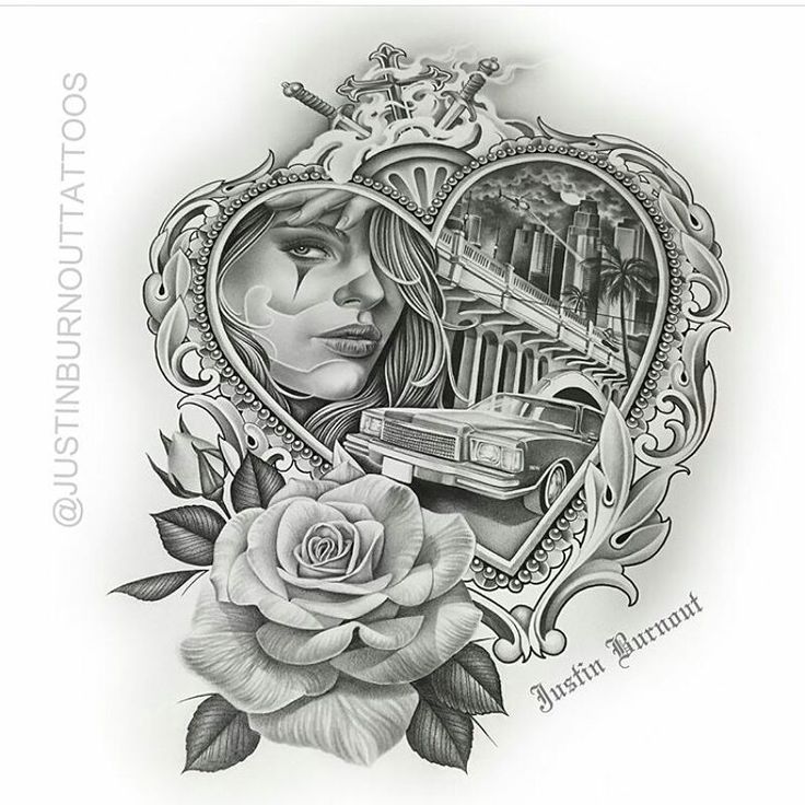 a drawing of a woman's face in a heart with roses and an old car