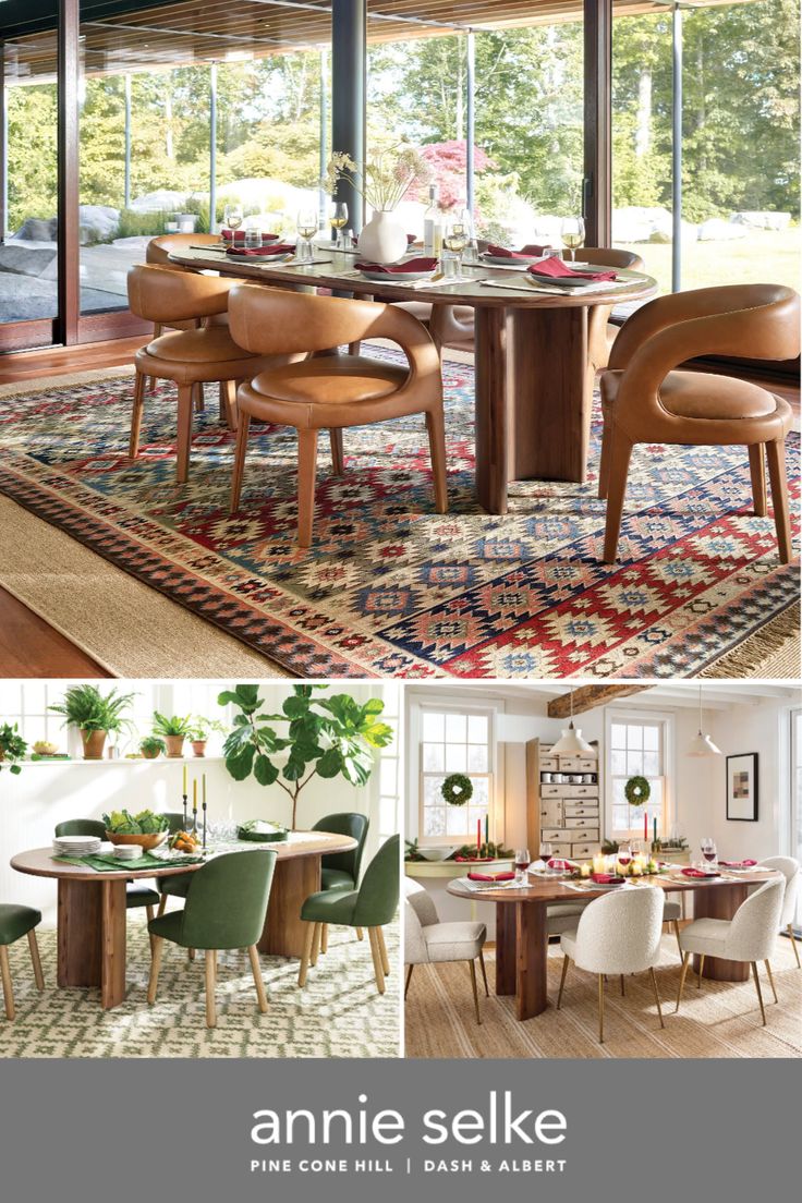 the dining room table is surrounded by chairs and rugs