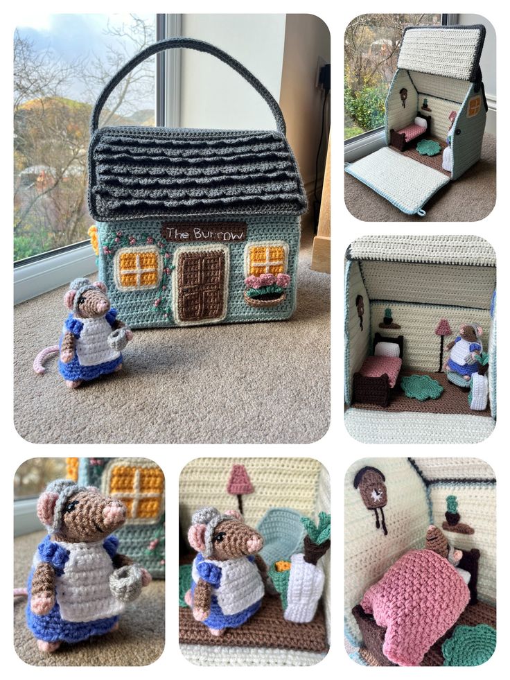 crocheted dollhouse made to look like a house with people inside and outside