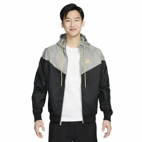 Nike Sportswear Windrunner Men's Hooded Jacket (US, Alpha, Large, Regular, Regular, Black/Dark Stucco/Saturn Gold) Nike Sports Hoodie For Sports Season, Sporty Windbreaker With Drawstring Hood For Winter, Sporty Black Hoodie Windbreaker, Black Sporty Hoodie Windbreaker, Sporty Winter Windbreaker With Drawstring Hood, Functional Black Hoodie For Running, Black Athleisure Nylon Hoodie, Black Nylon Athleisure Hoodie, Nike Urban Track Jacket For Outdoor Activities