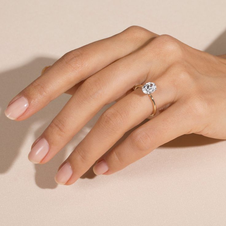 a woman's hand with a diamond ring on her left hand, against a beige background