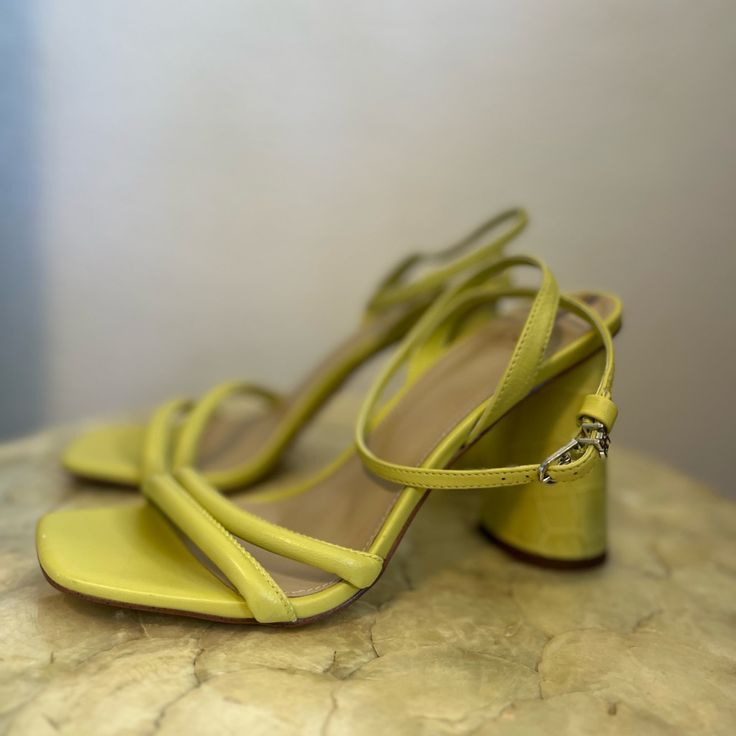 Nwot Sam Edelman Kia Lime Yellow Heels Size 8.5 Very Light Marks See Pictures Strap Ankle Yellow High Heel Sandals With Heel Loop, Chic Yellow Sandals With Padded Heel, Yellow Synthetic Heels With Heel Loop, Yellow Block Heel Sandals With Padded Heel, Yellow Sandals With Padded Block Heel, Yellow Heels With Padded Block Heel, Yellow Block Heels With Padded Heel, Yellow Pointed Toe Sandals For Spring, Yellow Heels With 4-inch Heel For Spring