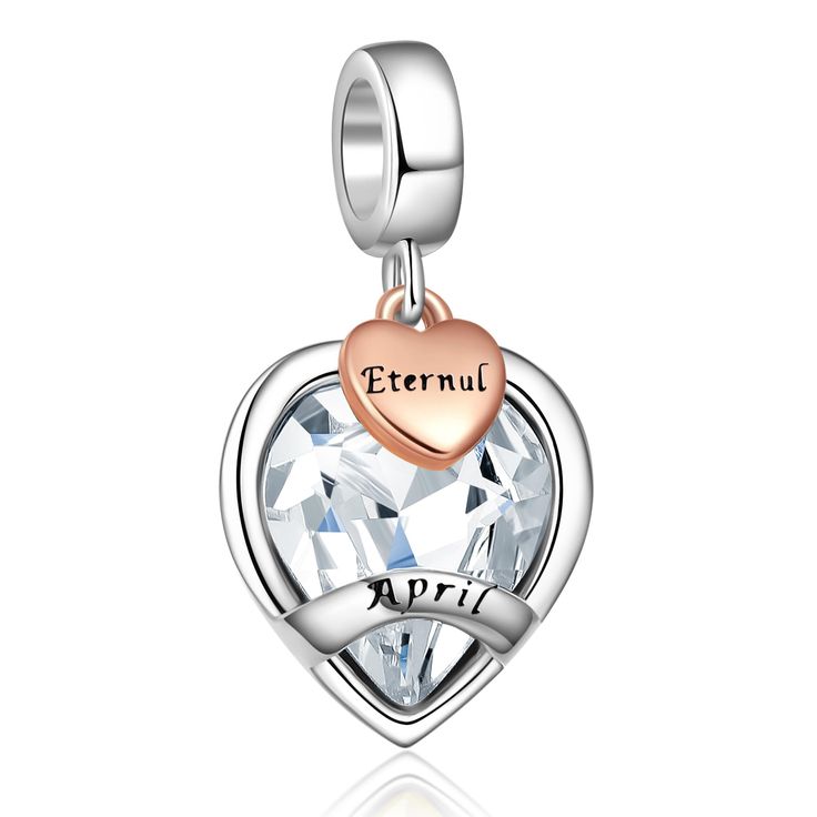 PRICES MAY VARY. [Material]: Birthstone Charm is made of Copper,plated with white gold. Lead free, nickel free, this charms is friendly to sensitive skin. High quality cubic zirconia catch the light from every angle, and the sparkle is very brilliant. [Design]: The birthstone charm has a crystal clear CZ, "April" engraved on the charm, and "Eternal" engraved on a rose gold dangle heart. April Birthstone symbolizes eternal, represents your expectation of the love between you and the one you loved Silver Heart Charms For Birthday, White Heart Pendant Jewelry For Birthday, Heart Charm For Birthday And Mother's Day, White Heart Beads Jewelry For Birthday, White Heart-shaped Jewelry For Birthday, White Heart Pendant Jewelry For Birthday Gift, Silver Heart Charm For Birthday, Personalized White Charms For Mother's Day, White Jewelry For Birthday On Valentine's Day