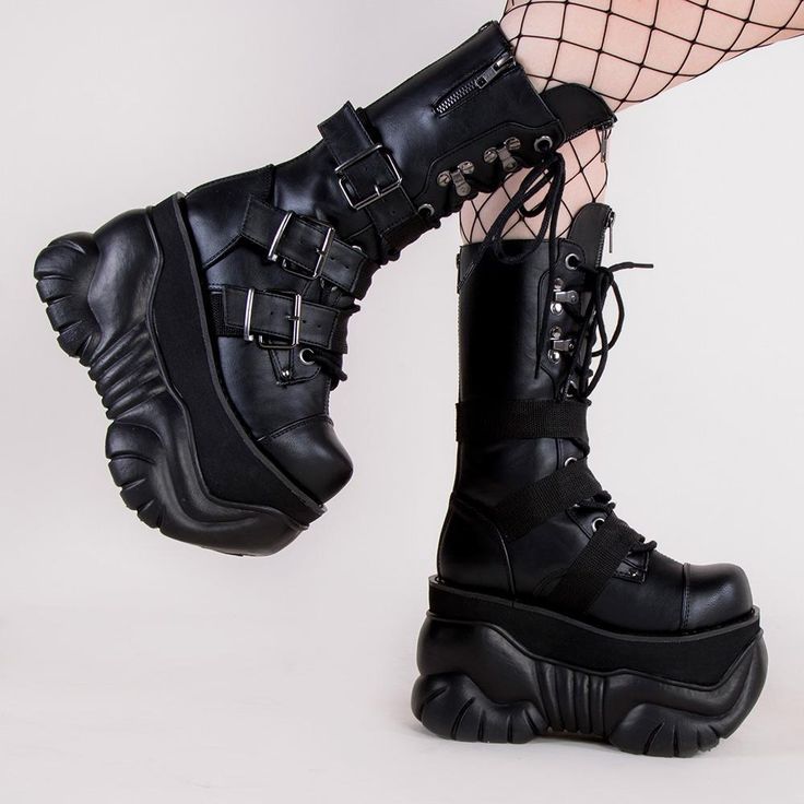 Chunky cyber platform sneaker boots featuring three buckled straps - whether you're heading to your next rave or out on the town with friends, these are the perfect sneakers to dress up or down!¬† Vegan Lace-up 4-inch platform Black PU U.S mens sizing - please refer to size chart for more info.¬† Chunky Platform Wedge Boots For Streetwear, Gothic High-top Platform Moto Boots, Punk Style Platform Boots With Lug Sole For Streetwear, High-top Platform Wedge Boots For Alternative Fashion, High-top Chunky Platform Moto Boots For Streetwear, Edgy High-top Wedge Boots With Chunky Platform, Edgy Lace-up Wedge Boots For Streetwear, Alternative Style High-top Platform Boots For Streetwear, High-top Platform Moto Boots For Streetwear