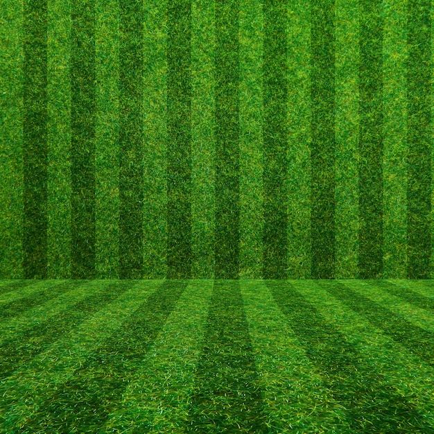 green grass field with vertical lines in the center and light at the end, 3d rendering