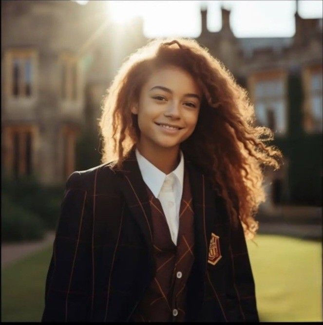 a woman with long hair wearing a suit and smiling at the camera in front of a building