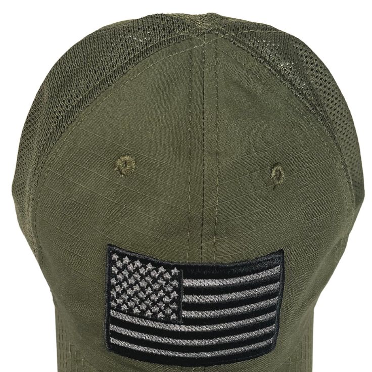 RANGE HAT Performance fit, medium profile, knit mesh, velcro enclosure, no button. American flag stitched on a ranger green mesh back cap. Floppy style cap, no structure, and no button on top. Perfect for wearing under ear protection or headphones. Velcro rear enclosure! Front Panels: Unstructured floppy style Poly Cotton Rear Panels: *Knit Mesh Back Profile Depth: Medium Profile Rear Enclosure: Velcro Enclosure Bill Style: Curved Button: No Button On Top Decoration: Black & Gray American Flag E Outdoor Cap Made In Usa, Khaki Trucker Style Baseball Cap, Military Green Hat For Outdoor Activities, Patriotic Baseball Cap For Outdoor, Tactical Outdoor Cap Hat, Tactical Outdoor Cap, Green Military Hat For Outdoor Activities, Adjustable Tactical Cap, Military Style Trucker Hat, One Size Fits Most