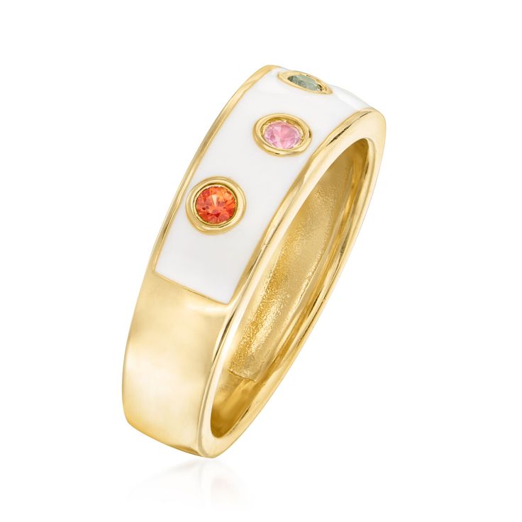 Ross-Simons - .20ct t. w. Multicolored Sapphire, White Enamel Ring Over Sterling. Size 6. Let a little color into the mix with this well-priced ring! Bright white enamel plays backdrop to a splashy mix of .20 ct. t. w. multicolored sapphire rounds. Crafted in polished 18kt yellow gold over sterling silver. 1/4" wide. White enamel and multicolored sapphire ring. Diamond Anklet, Italian Gold Jewelry, Pearl Bracelet Gold, Pearl Strands Necklace, Pearl Anklet, Precious Gemstones Jewelry, Mens Gold Bracelets, Italian Jewelry, Gold Pearl Necklace