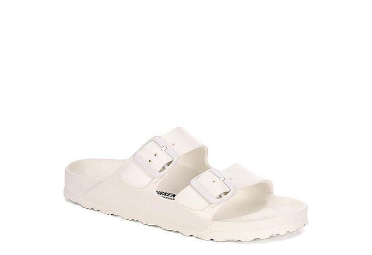 All White Birkenstock Arizona Women's Sandals | Rack Room Shoes White Slip-on Footbed Sandals With Arch Support, White Footbed Sandals With Arch Support For Beach, Synthetic Slide Slippers With Buckle Closure, Comfortable White Synthetic Footbed Sandals, Comfortable Synthetic Slides With Buckle Closure, Adjustable Synthetic Slide Footbed Sandals, White Leather Footbed Sandals, Comfortable White Leather Footbed Sandals, White Adjustable Footbed Sandals With Arch Support