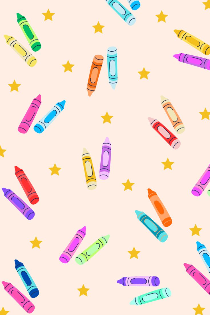 colorful crayons and stars on a pink background