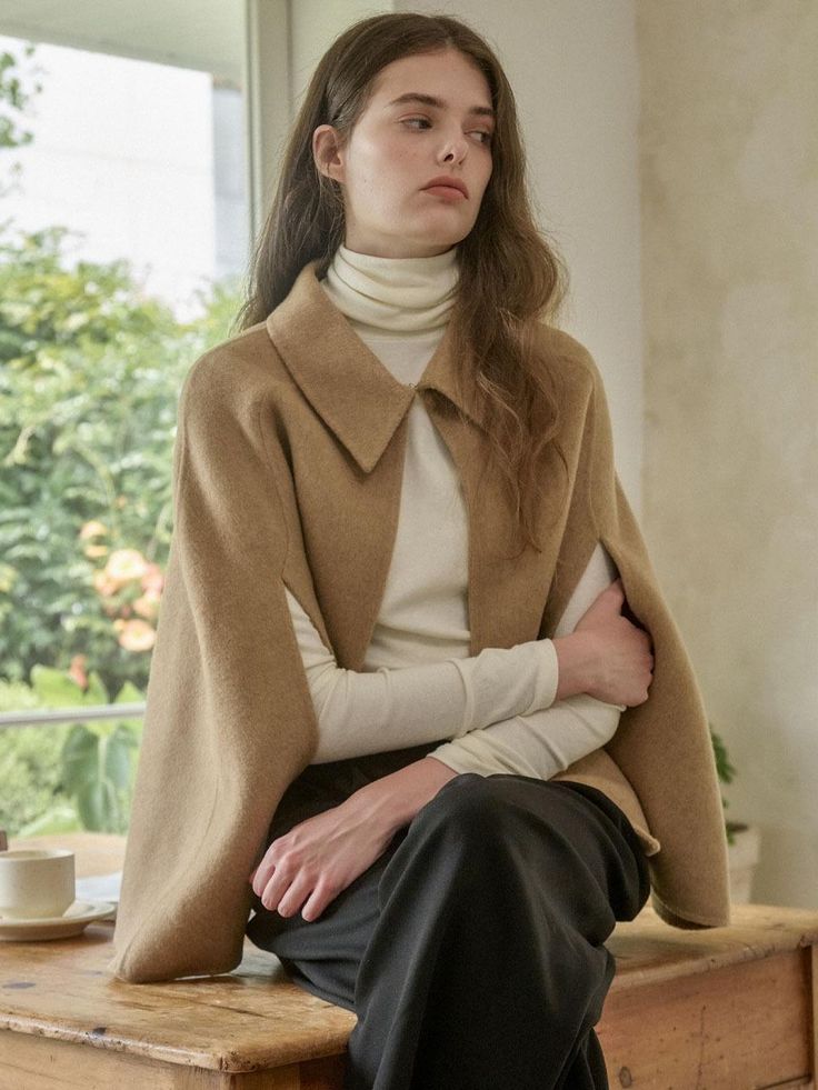 Composition : wool 90 cashmere 10Color : Camel, BlackCountry of Origin : KOREA Cloak Outfit Aesthetic, Cloak Outfit, Cashmere Cape, Wool Cape, Handmade Wardrobe, Cape Coat, Outfits Aesthetic, 2 Colours, Cape