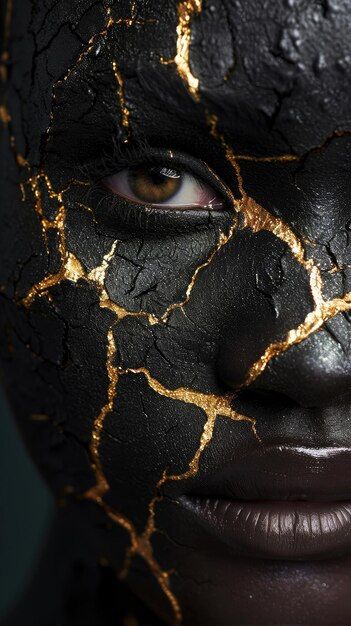 a woman with black and gold paint on her face