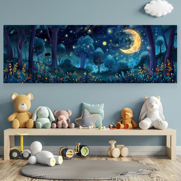 there are many stuffed animals sitting on the bench in front of the wall with the moon and stars painted on it