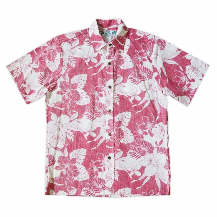 orchid shadow red REVERSE print hawaiian cotton shirt | hawaiian men shirt Red Hawaiian Shirt, Cotton Poplin Fabric, Floral Print Fabric, Hawaiian Print, Hawaiian Style, Aloha Shirt, Made Clothing, Sewing A Button, Colourful Outfits