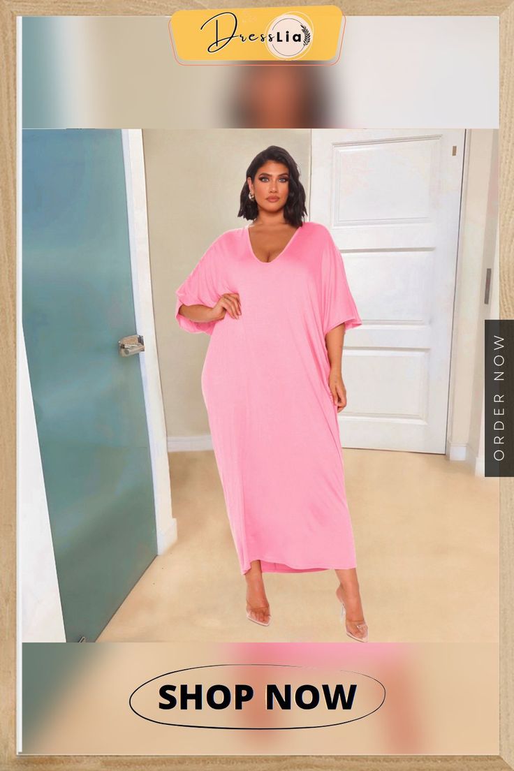 Summer Casual V-neck Solid Color Half Sleeve Pullover Oversized Loose Baggy Women Maxi Long Dress Oversized V-neck Solid Color Dress, Casual Oversized Dresses With Batwing Sleeves, Oversized Solid Color V-neck Dress, Oversized Solid V-neck Dress, Maxi Long Dress, Women Maxi, Long Maxi Dress, Outerwear Women, Half Sleeve