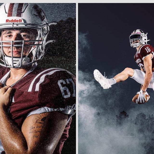 two photos of a football player jumping in the air