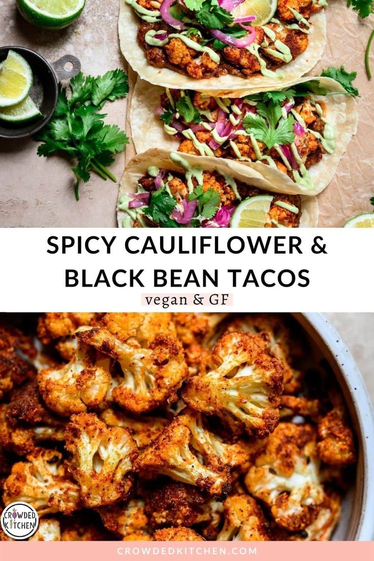 spicy cauliflower and black bean tacos with lime wedges