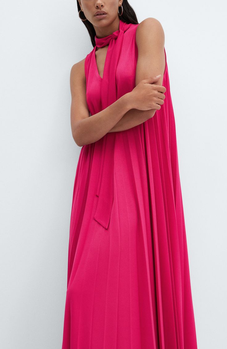 Be a vision of elegance in this billowy shift dress boasting relaxed pleats and a graceful tie at the neck. Slips on over head Split neck with ties Sleeveless Partially lined 100% polyester Machine wash, line dry Imported Mango Maxi Dress, Pleated Scarf, Scarf Neck, Neck Scarves, Nordstrom Dresses, Bright Pink, Shift Dress, Mango, Nordstrom