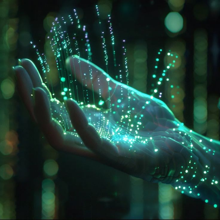 a person's hand with glowing lights in the background and water droplets on it