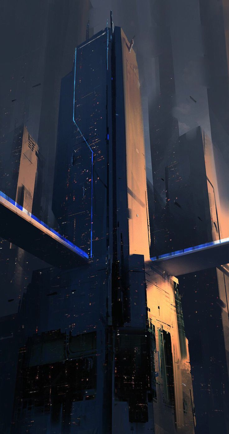 a futuristic cityscape with skyscrapers and blue lights in the night time sky