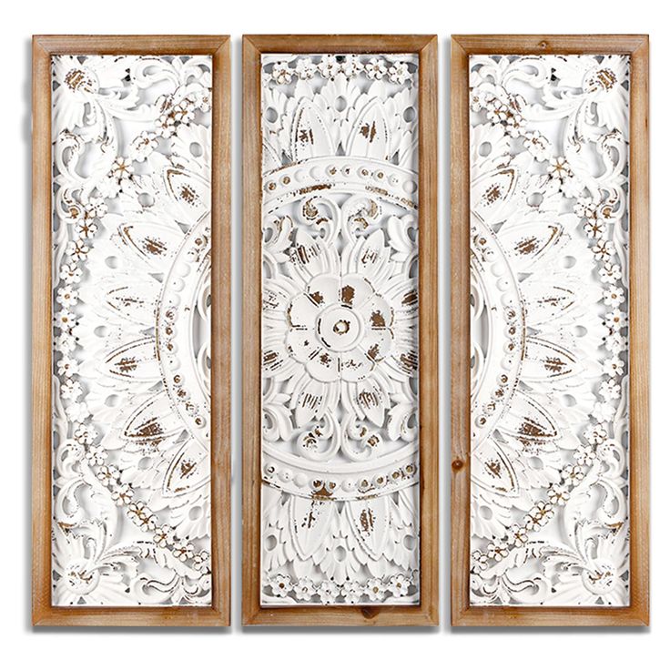 three wooden panels with intricate designs on the front and back panel, one in white