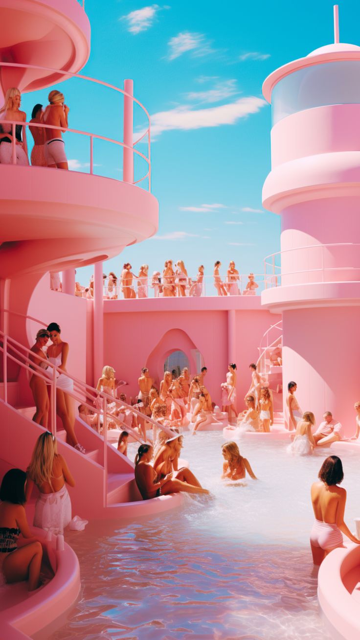 many people are in the water at a pink pool