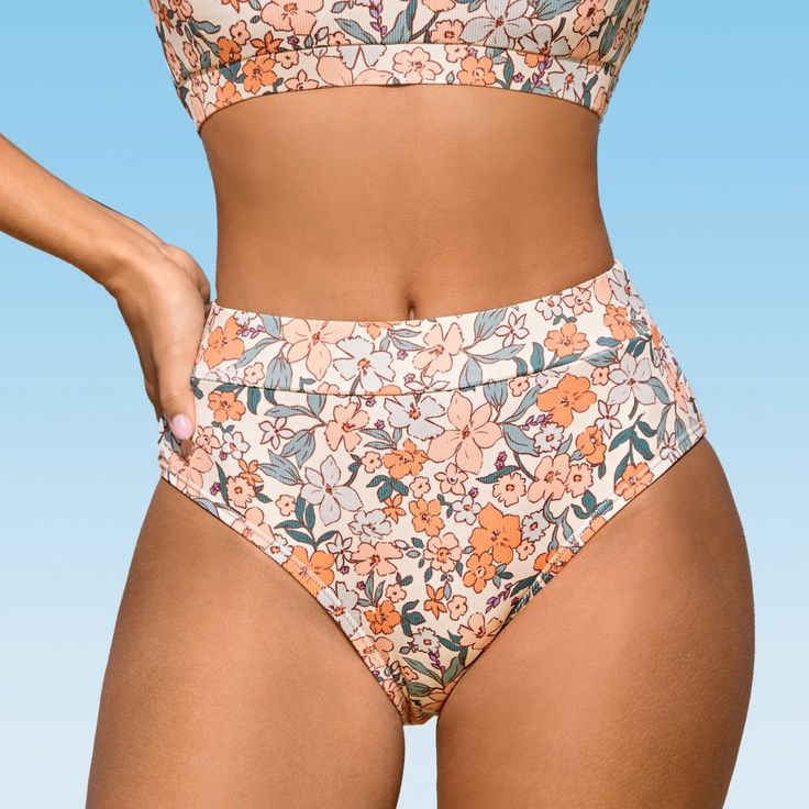 Embrace the beauty of nature with the Women's Peach Blossom High-Waisted Bikini Bottoms. Featuring a vibrant peach and cream floral print, these bikini bottoms are a true celebration of spring and summer. The high-waisted silhouette flatters your figure, providing a comfortable and flattering fit. Crafted from a lightweight and quick-drying fabric, these bottoms are perfect for beach days or poolside lounging. The full coverage design offers modest yet stylish coverage, allowing you to feel conf Beach Party Brief Bottoms For Summer, Brief Bottoms For Summer Beach Party, Fitted Brief Swimwear For Vacation, Beachy Swimwear With Floral Print And Stretch, Beachy Stretch Swimwear With Floral Print, High Waist Tropical Print Swimwear For Beach, Casual High Waist Swimwear For Beach, Spring Brief Bottoms For Beach Party, Casual Summer Swimwear Briefs