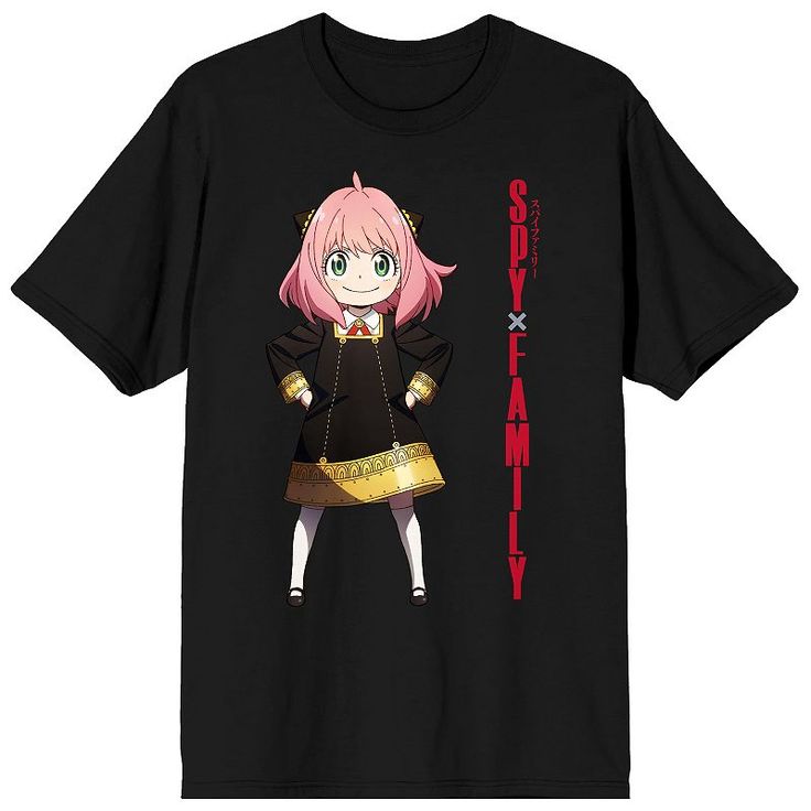 a black shirt with an anime character wearing a gold skirt and red shoes on it