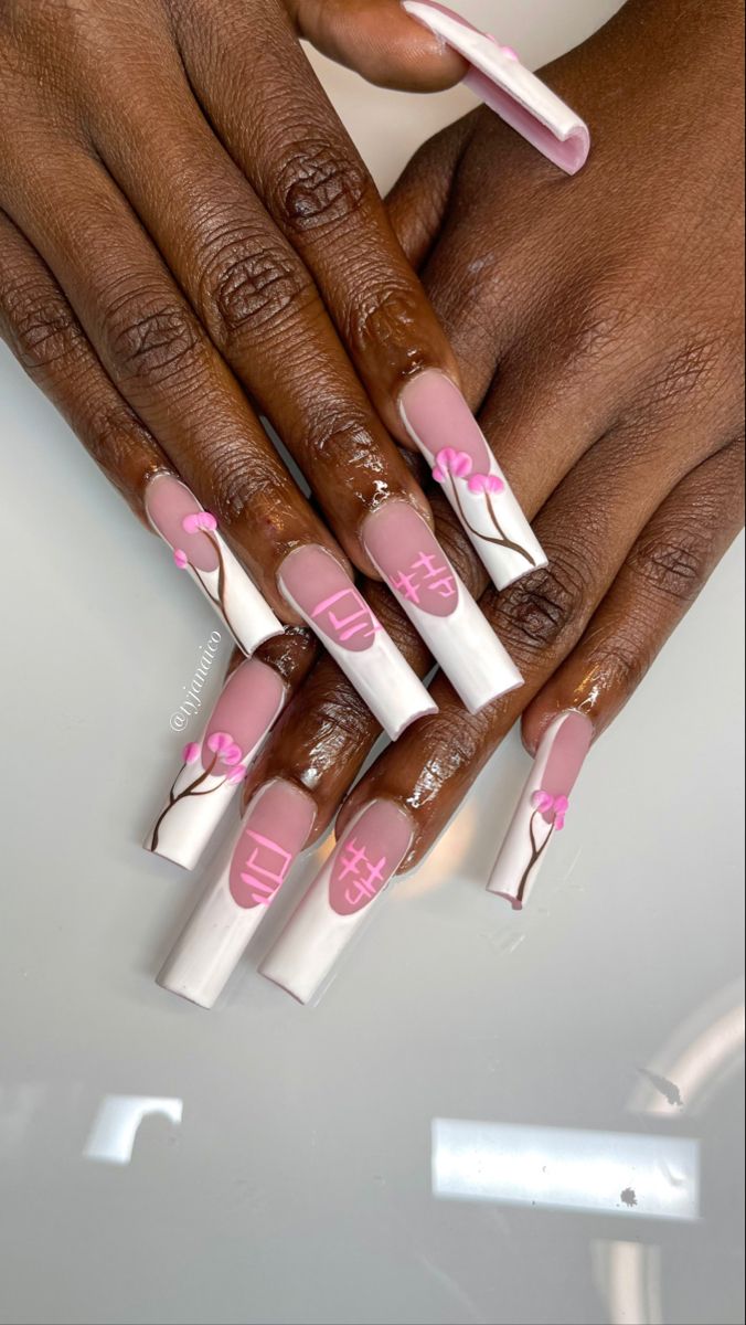 nails acrylic nails long acrylic nails japanese cherry blossom nails french tips Japanese Style Acrylic Nails, Tokyo Inspired Nails, Tokyo Nails Design, Japanese Blossom Nails, Cherry Blossom Nails Acrylic, Japan Nails Design Tokyo, Sakura Nails Design, Japan Inspired Nails, Japan Nails Design