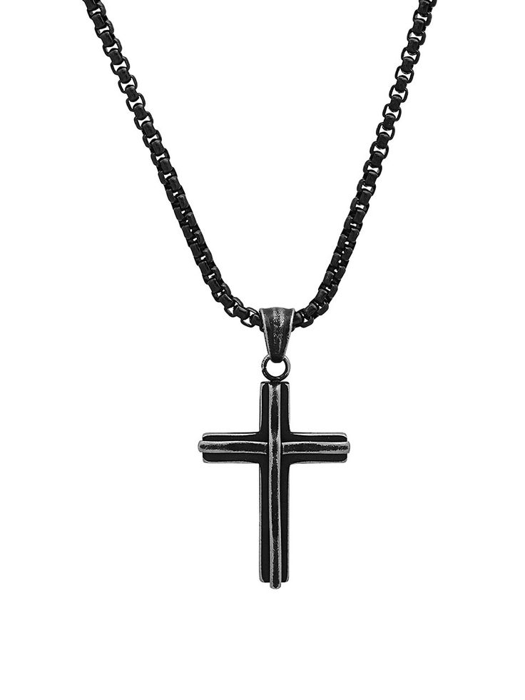 Black IP Stainless Steel Cross Pendant Necklace Black Cross Necklace With Chain, Black Cross Jewelry With Adjustable Chain, Black Engraved Cross Jewelry, Black Metal Cross Chain Necklace, Black Cross Pendant Necklace With Chain, Black Engraved Cross Pendant Necklace, Black Cross Chain Necklace Gift, Black Cross Chain Necklace As Gift, Gift Black Cross Chain Necklace