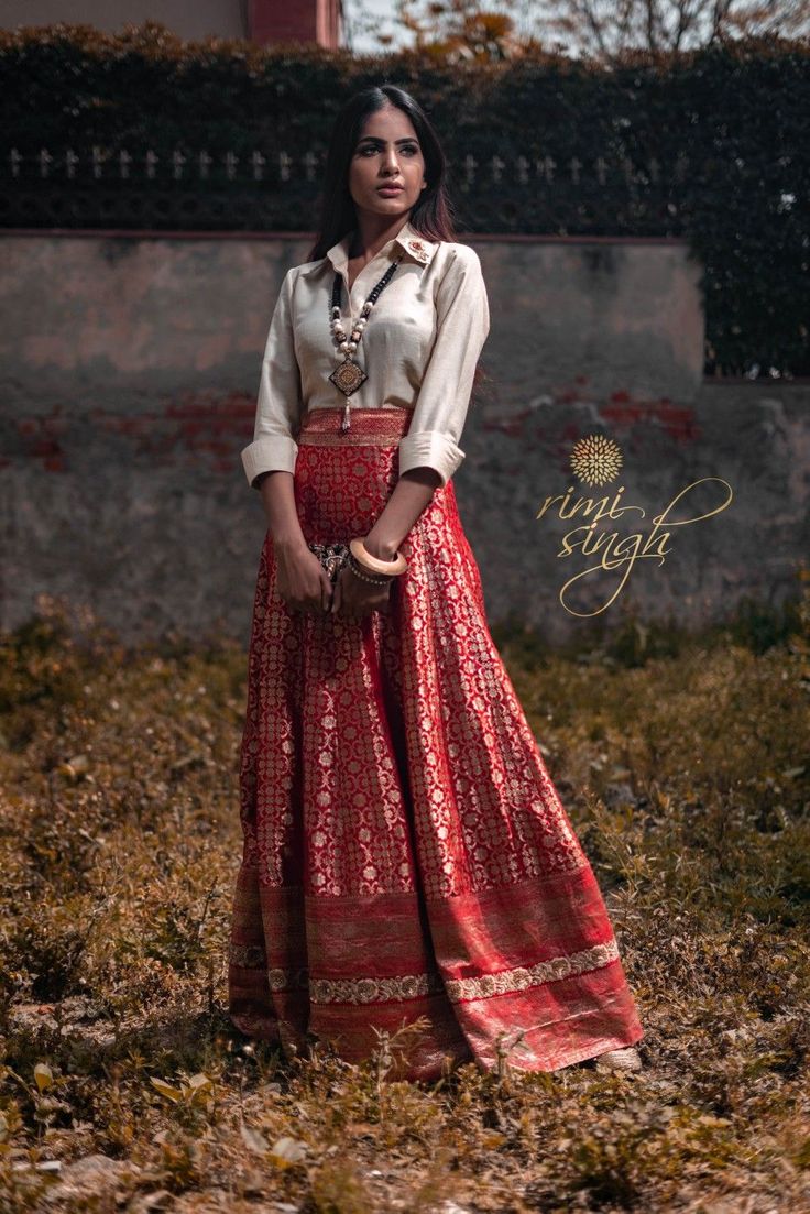 Banarasi Skirt Outfit, Skirt And Shirt Outfits Indian Wedding, Shirt Collar Blouse Designs For Lehenga, Shirt Skirt Outfit Indian Wedding, Red Long Skirt Outfit Indian, Silk Shirt Skirt Outfit, Shirt And Long Skirt Outfit Indian, Banarasi Skirt With Shirt, White Shirt Lehenga Outfit